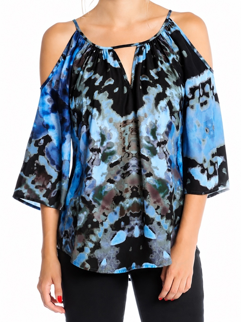 Fifteen Twenty blue watercolor cold shoulder top, medium